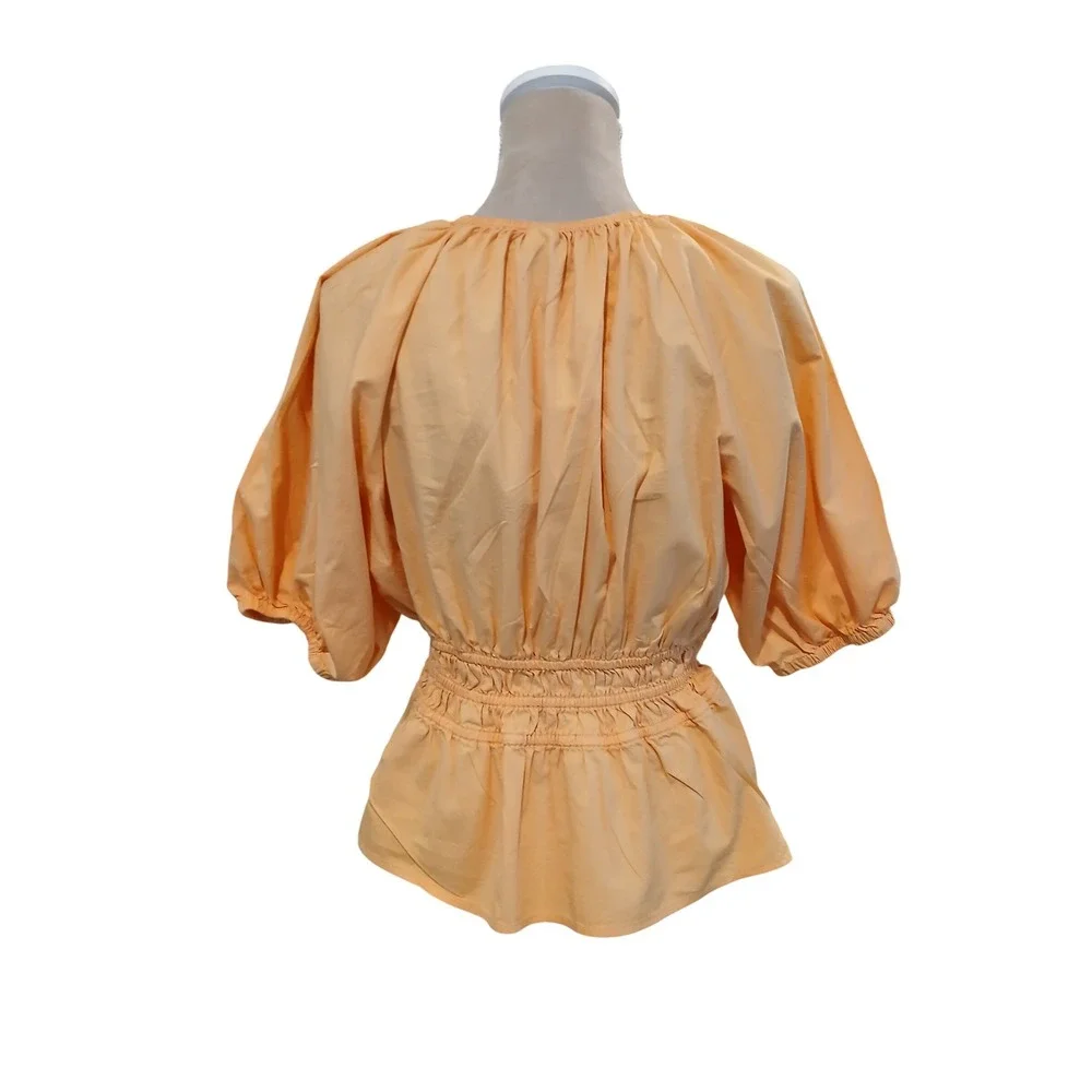 Old Navy Med Tall Orange Cotton Puff Sleeve Smocked Peplum Blouse V-Neck Top